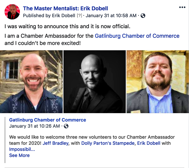 Mentalist Magician Erik Dobell is a Gatlinburg Chamber Ambassador 